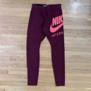 Women’s Nike International Leggings, Sz Small, Burgundy, Pink, Polka Dot